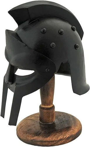 Vista 2 de Casco de gladiador tachonado réplica negra en miniatura con soporte de exhibición