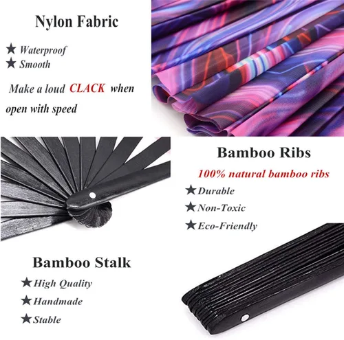 Vista 3 de Ventilador de mano plegable grande para mujeres/hombres, chino/japonés con bambú y tela de nailon, para actuaciones, decoraciones, bailes, fiestas
