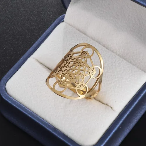 Vista 2 de YILUOCD Metatron - Anillo de cubo con sello de ángel, arcángel, metatrón, cubo, declaración de protección, ahuecado, para mujer, de acero