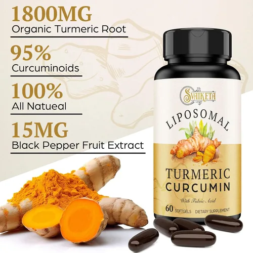 Vista 3 de Suplemento de Cúrcuma Curcumina Liposomal 2000mg, Extracto de Curcuminoides Estandarizado al 95% y Polvo de Raíz Orgánica con Piperina de Pimienta