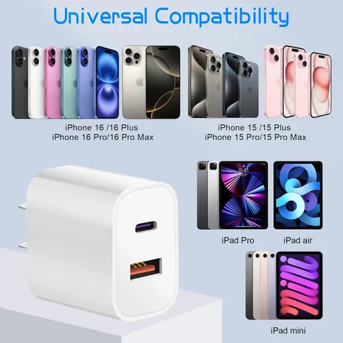 Vista 3 de Cargador A/C de doble puerto para iPhone 17 16 15, doble cargador USB A/C, bloque de carga rápida, paquete de 2 cargadores USB C rápidos de carga