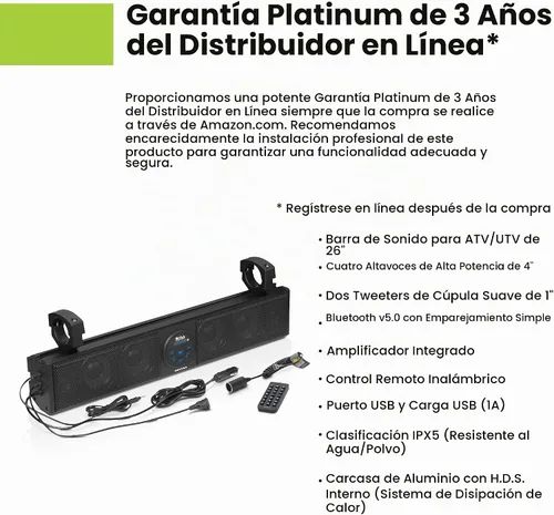 Vista 2 de BOSS Audio Systems BRT26A - Barra de sonido ATV UTV de 26 pulgadas de ancho, altavoces de 4 pulgadas, tweeters de cúpula suave de 1 pulgada, rango