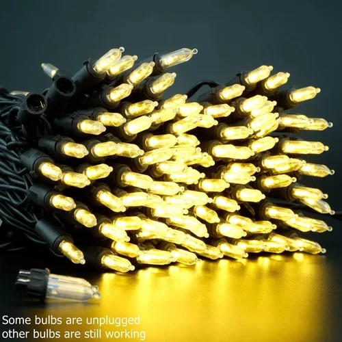 Vista 6 de YULETIME Juego de 200 luces LED de Navidad de color blanco cálido con cable negro, paquete de 2 hebras de 33 pies, 100 luces con certificación UL