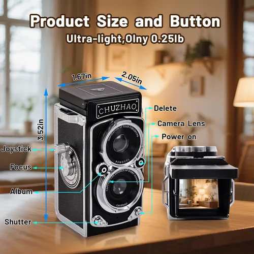 Vista 7 de Redcomets Mini cámara digital retro – Estilo vintage TLR apuntar y disparar cámara de vlogging de enfoque automático, compacta y portátil, tarjeta
