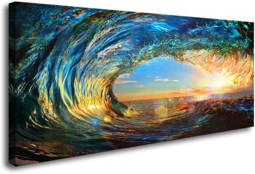 Vista 8 de Cao Gen Decor Art S06950 - Lienzo decorativo para pared, diseño de luna, mar, océano, paisaje, 1 panel, luna llena en nube, cuadros estirados