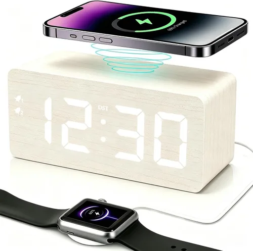 Vista 12 de URAYCO Reloj despertador digital de madera con cargador inalámbrico rápido de 10W, puertos de carga USB, DST, atenuable, modo repetición, pantalla