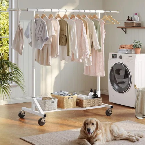 Vista 2 de Raybee Perchero de ropa de 400 libras para colgar ropa a partir de 200+, perchero extensible con ruedas y estantes resistentes, perchero portátil