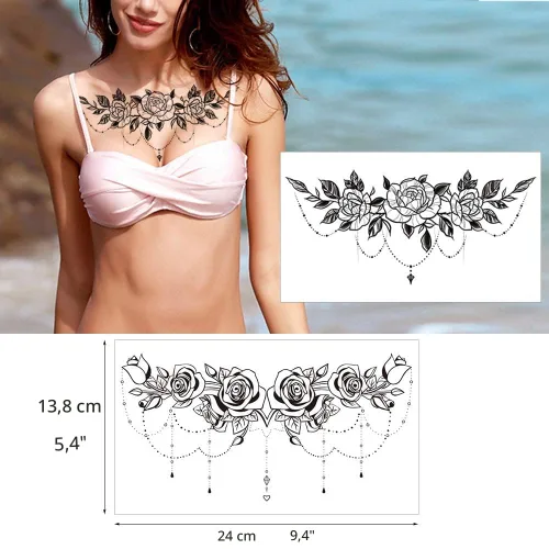 Vista 5 de Glaryyears Tatuajes temporales para el pecho y debajo del seno para mujeres adultas, paquete de 6, tatuajes falsos negros realistas grandes de larga