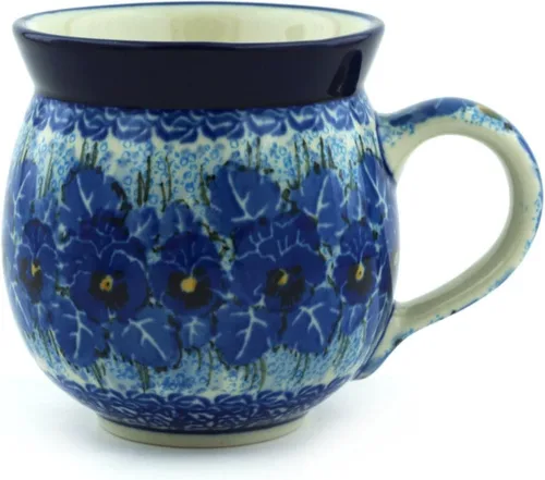 Vista 15 de Auténtica taza de burbujas de cerámica polaca de 13 onzas en diseño amarillo hecho a mano en Bolesławiec Polonia por Ceramika Bona + certificado