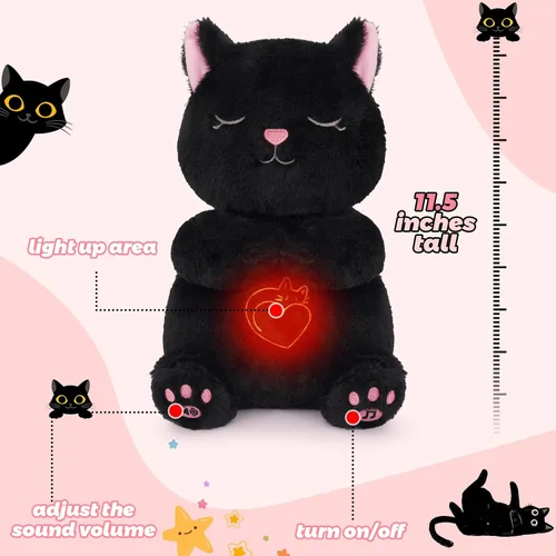 Vista 2 de Animal de peluche que respira – Juguete de peluche de gato negro, máquina de sonido relajante con movimiento de respiración realista y luces