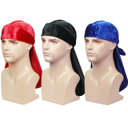 Vista 6 de ASHILISIA 3 piezas de terciopelo triturado ondulado Durag – Envolturas sedosas Durag con cola extra larga perfectas para 360 olas