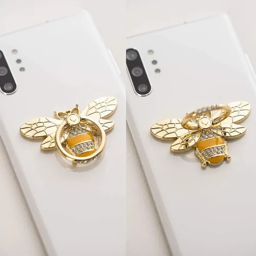 Vista 5 de Lindo soporte de anillo de teléfono de abeja amarilla para niña, apicultor de metal para teléfono iPhone y Android, resina de oro amarillo de 18