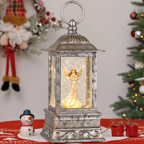 Vista 9 de Decoración de globo de nieve de Navidad, linterna de ángel con purpurina musical con temporizador de 6 horas, decoración iluminada alimentada por