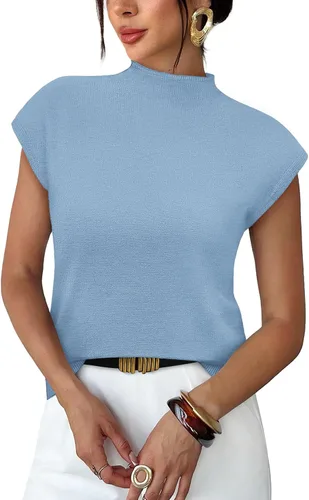 Vista 21 de Sampeel Suéter de manga corta para mujer, cuello alto, para verano, elegante, informal, básico, de punto