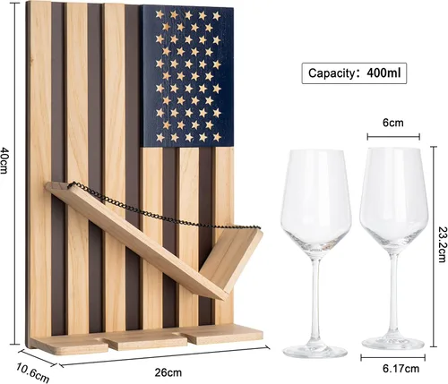 Vista 6 de The Wine Savant Estante para vinos montado en la pared con la bandera estadounidense, hermoso soporte para botellas y vino y 2 vasos patrióticos