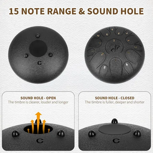 Vista 6 de Tambor de Lengua de Acero - 12 Pulgadas 15 Notas, Tambores de Lengua de Acero para Niños y Adultos, Handpan de Acero con Mazos, Hang Drum con Libro