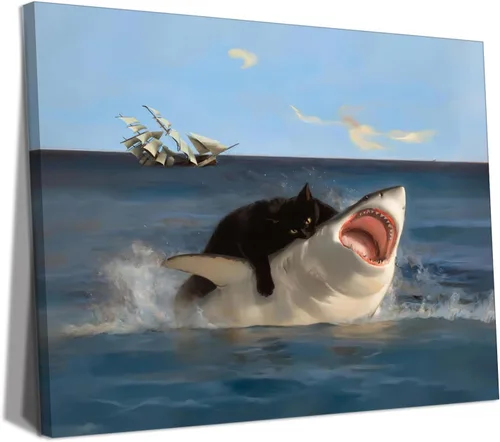 Vista 45 de Divertido arte de pared de tiburón montando chihuahua, impresión en lienzo enmarcada para baño de perro, decoración de pared de animales abstractos