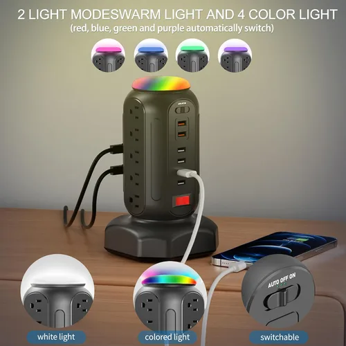 Vista 5 de Torre de tira de alimentación con luz nocturna colorida, 15 tomas de CA y 6 puertos USB de carga rápida, cable de extensión retráctil con múltiples