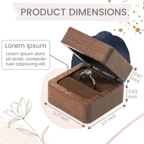 Vista 4 de Caja de madera para anillos grabada, caja de almacenamiento de joyas cuadrada rústica, caja de anillo vintage para ceremonia de boda, compromiso
