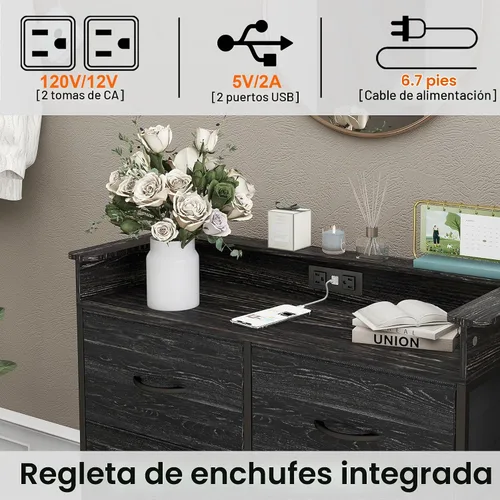 Vista 4 de Cómoda de tela para dormitorio con luz LED y estación de carga, cómoda alta con 8 cajones, cómoda negra y cómoda para armario, sala de estar