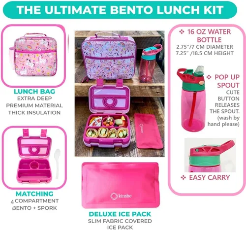 Vista 2 de Juego de lonchera bento, bolso de aislamiento, botella de agua y bolsa de hielo, 4 secciones de porciones, bandeja desmontable, para niños en edad