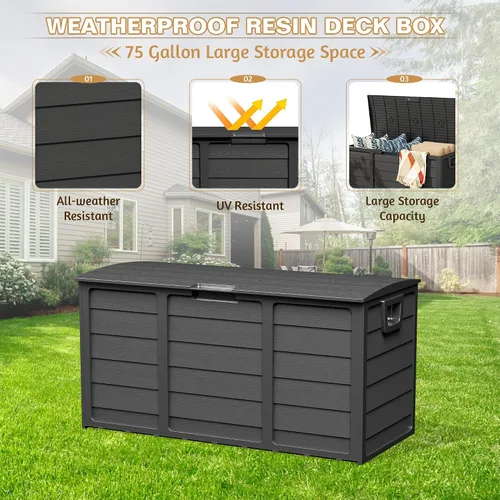 Vista 5 de Caja de almacenamiento para terraza al aire libre de 75 galones, resina resistente con tapa bloqueable, resistente a los rayos UV para muebles