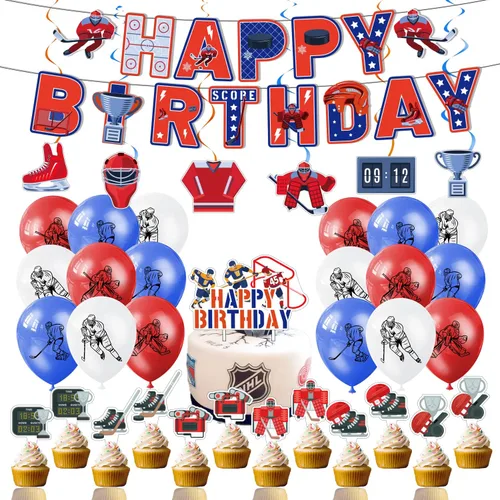 Vista 3 de Oringaga Cartel de feliz cumpleaños para fiesta de hockey sobre hielo, juegos deportivos, suministros de decoración de fiesta temática de partidos