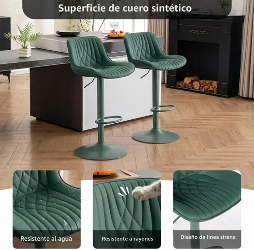 Vista 5 de YOUTASTE Juego de 2 taburetes de bar de piel sintética, todos los taburetes de bar tapizados de color verde oscuro con respaldo, silla giratoria