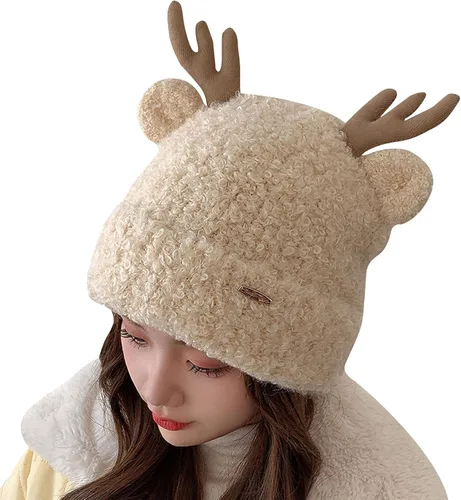 Vista 2 de MOSSTYUS Gorro de invierno con diseño de alce de reno cálido, gorro de punto de cornamenta de Navidad, gorro de calavera de esquí para mujeres