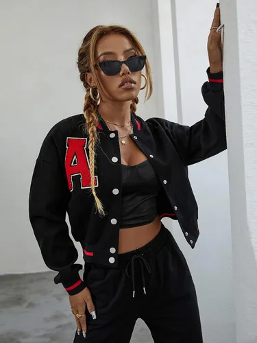 Vista 4 de Verdusa Chaqueta bomber de manga larga con estampado de letras para mujer