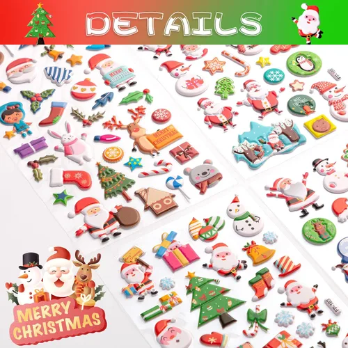 Vista 3 de Calcomanías hinchadas de Navidad para niños, 302 calcomanías 3D de Navidad para álbumes de recortes, diario de teléfono, incluyendo Papá Noel, árbol