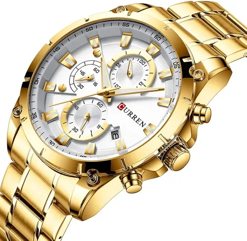 Vista 5 de CURREN Reloj para hombre de acero inoxidable cronógrafo de cuarzo para hombre reloj deportivo fecha Relogio Masculino reloj Hombr Dorado blanco