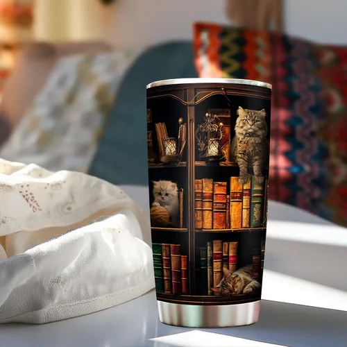 Vista 6 de 2IMT Taza de Libro para Gatos y Amantes de la Lectura Taza de Viaje para la Biblioteca Regalos para Amantes de los Libros y de los Gatos