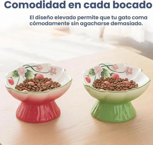 Vista 7 de Tazón elevado de comida para gatos con flores de fresa por PawsPik Rojo