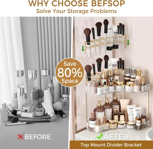 Vista 3 de BEFSOP Organizador de esquina para mostrador de baño, organizador de maquillaje mejorado de 2 niveles con soporte para brochas de maquillaje