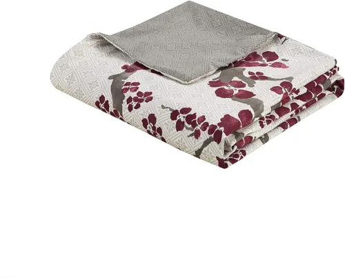 Vista 8 de N Natori Juego de funda de edredón de flor de cerezo, tamaño Queen, rojo, gris, juego de funda de edredón de flor de cerezo, 3 piezas, 100% algodón