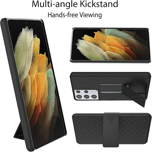 Vista 4 de Ailiber Funda protectora para Samsung Galaxy S21 Ultra 5G, protector de pantalla para Galaxy S21 Ultra, soporte giratorio con clip para cinturón
