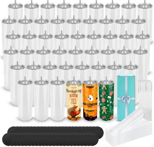 Vista 14 de D·S 1 Paquete Vasos Tumbler de Sublimación 20 oz Delgados Rectos Fondo Plano en Blanco con Caja de Regalo Individual para Transferencia de Calor