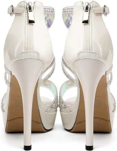 Vista 6 de Eldof Sandalias de tacón alto para mujer, sandalias de plataforma con tiras y puntera abierta, tacones de gladiador recortados con piedras