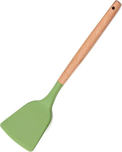 Vista 10 de Juego de utensilios de cocina de silicona verde aguacate, 12 utensilios de cocina resistentes al calor, herramientas de cocina con mango de madera