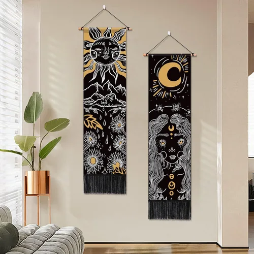 Vista 3 de ARTCREATOR Paquete de 2 tapices de sol y luna para colgar en la pared, tapiz estético vertical, arte misterioso, tapices largos para habitación