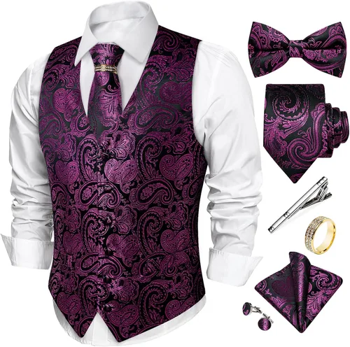 Vista 18 de DiBanGu Conjunto de chaleco de corbata y corbatín para hombre, chaleco de Negro