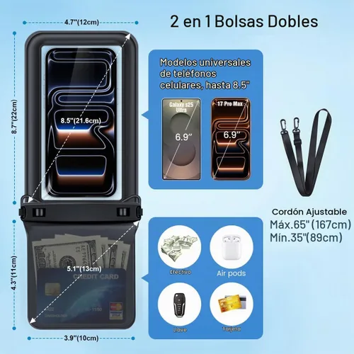 Vista 5 de [Hasta 8.5 pulgadas] Bolsa impermeable para teléfono flotante, doble bolsa impermeable con cordón para iPhone 16 15 Pro Max, Galaxy S25 S24 Ultra