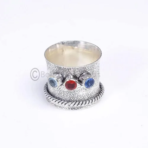 Vista 3 de Silver Spinner Ring, Handmade Blue Topaz Band, Blue Sapphire and Garnet Gemstone Ring, Bezel Setting Statement Fidget Jewelry