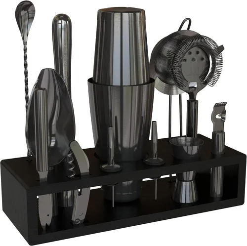 Vista 12 de Kit de bartender Highball & Chaser con soporte de bambú negro, hermoso juego de coctelera, juego y herramientas para barra, agitador Boston de acero