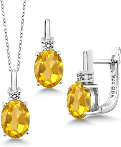 Vista 5 de 3.52ct Oval Blanco Amarillo Citrino arete de plata de ley 925colgante de diamante