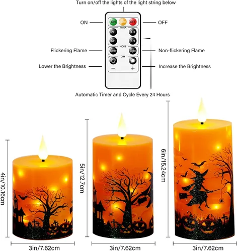 Vista 3 de Sasigeiaa - Velas sin llama de Halloween con control remoto - Velas LED naranjas y luces de cadena, juego de 3 que funcionan