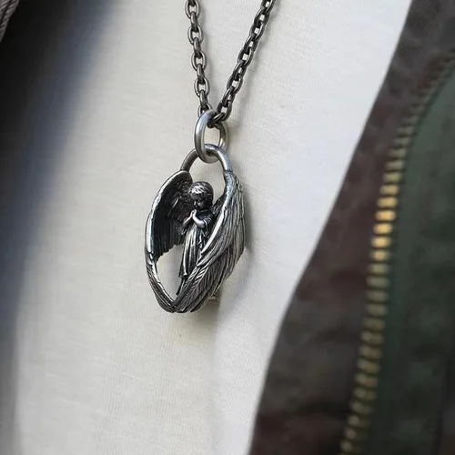 Vista 6 de MYNCBD Collar de alas de ángel vintage para hombres y mujeres, diseño vintage personalizado de nicho unisex, colgante, joyería de amuleto genial