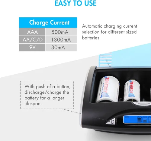 Vista 7 de Tenergy Cargador de batería LCD universal T9688 y 12 pilas recargables AA y 8 AAA Premium NiMH