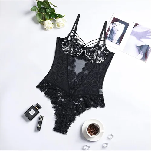 Vista 4 de Babydoll - Lencería sexy de encaje largo para mujer camisón de peluche bralette de malla para dormir